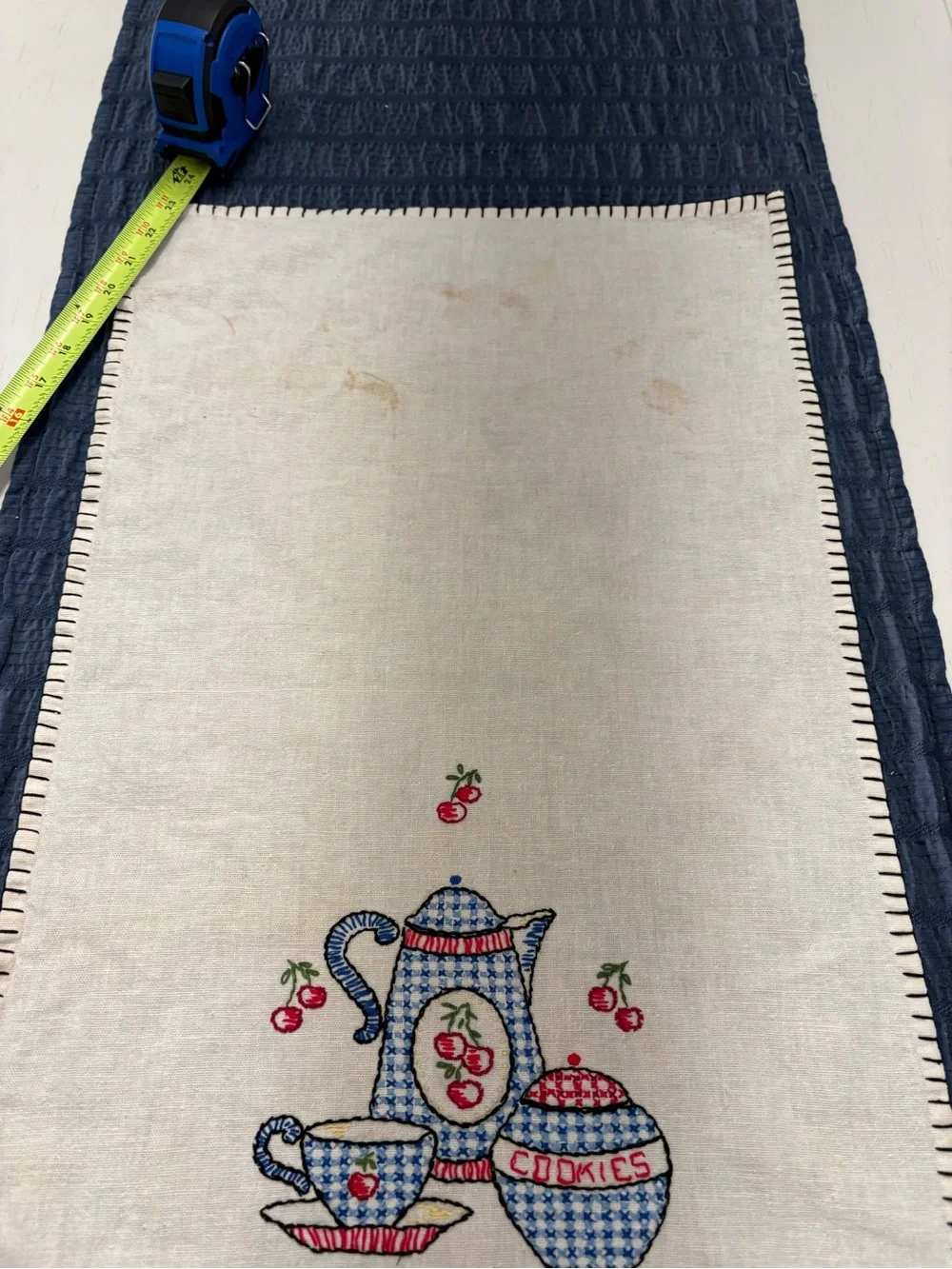 3 vintage hand Embroidered Cotton Kitchen Towels- Blue, red, green cream towels